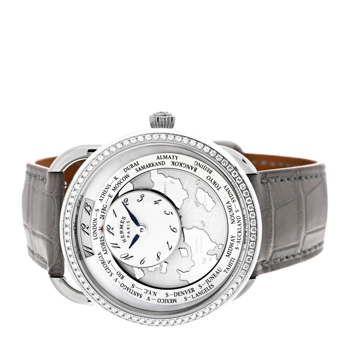 Stainless Steel Alligator Diamond Bezel Mother of Pearl 38mm Arceau Le Temps Voyageur Automatic Watch Gris Perle