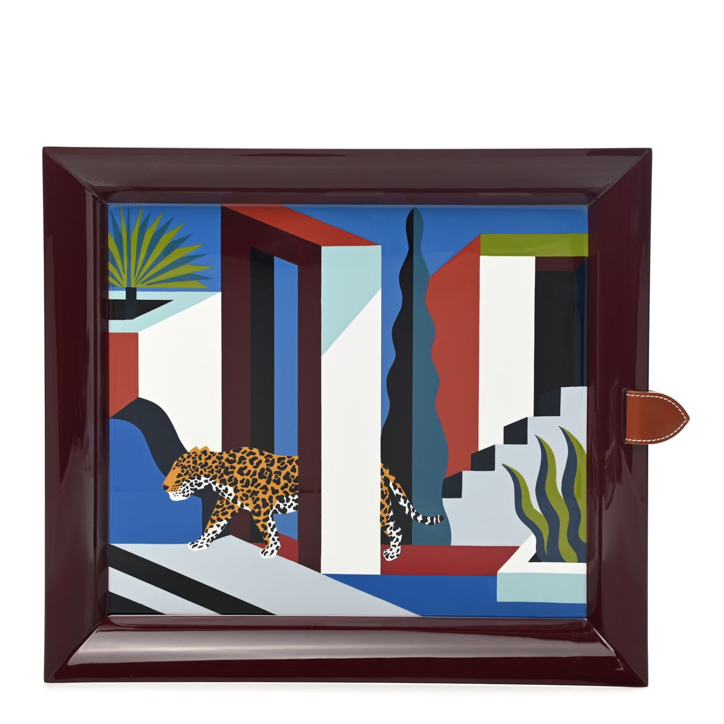 Lacquered Wood Taurillon Clemence Jaguar Dans Un Jardin Mexicain Tray Lie De Vin