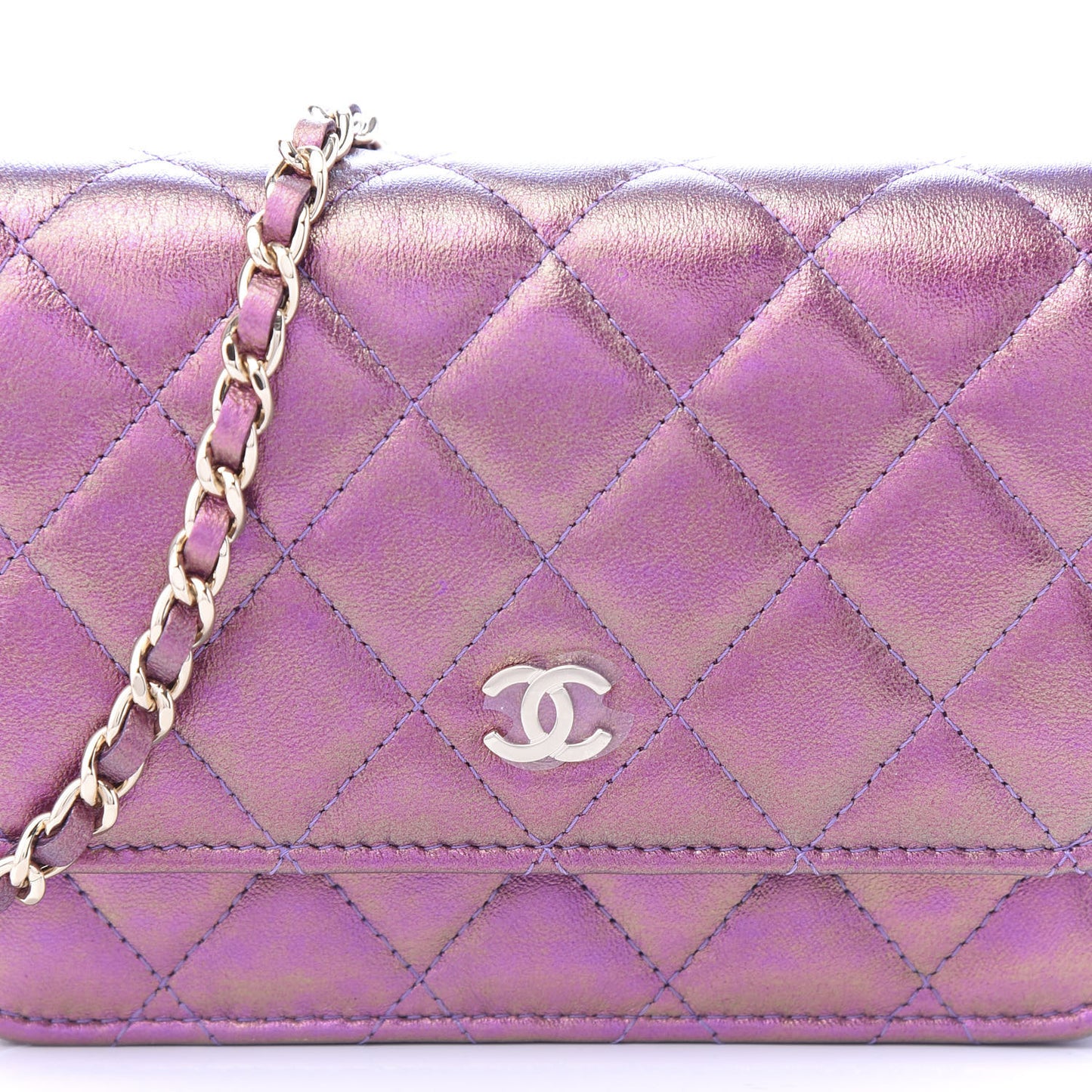 Iridescent Lambskin Quilted Mini Wallet On Chain WOC Purple