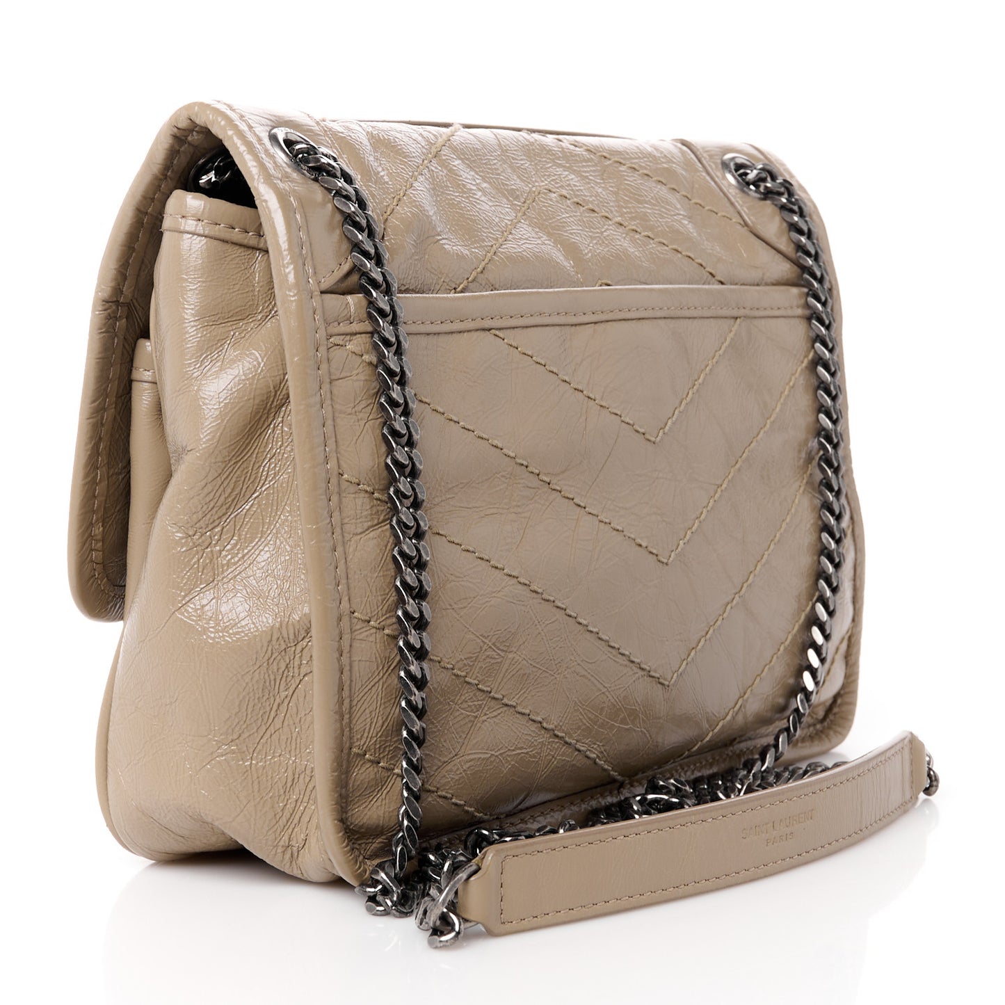 Crinkled Calfskin Matelasse Monogram Baby Niki Chain Satchel Light Taupe