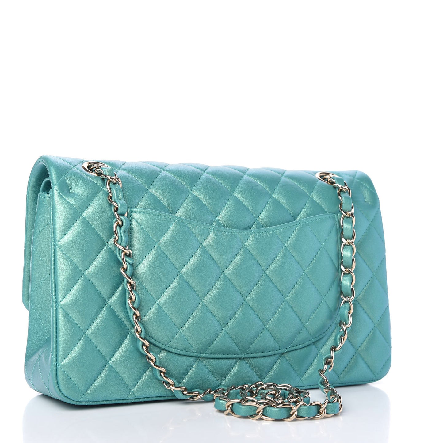 Iridescent Calfskin Quilted Medium Double Flap Green