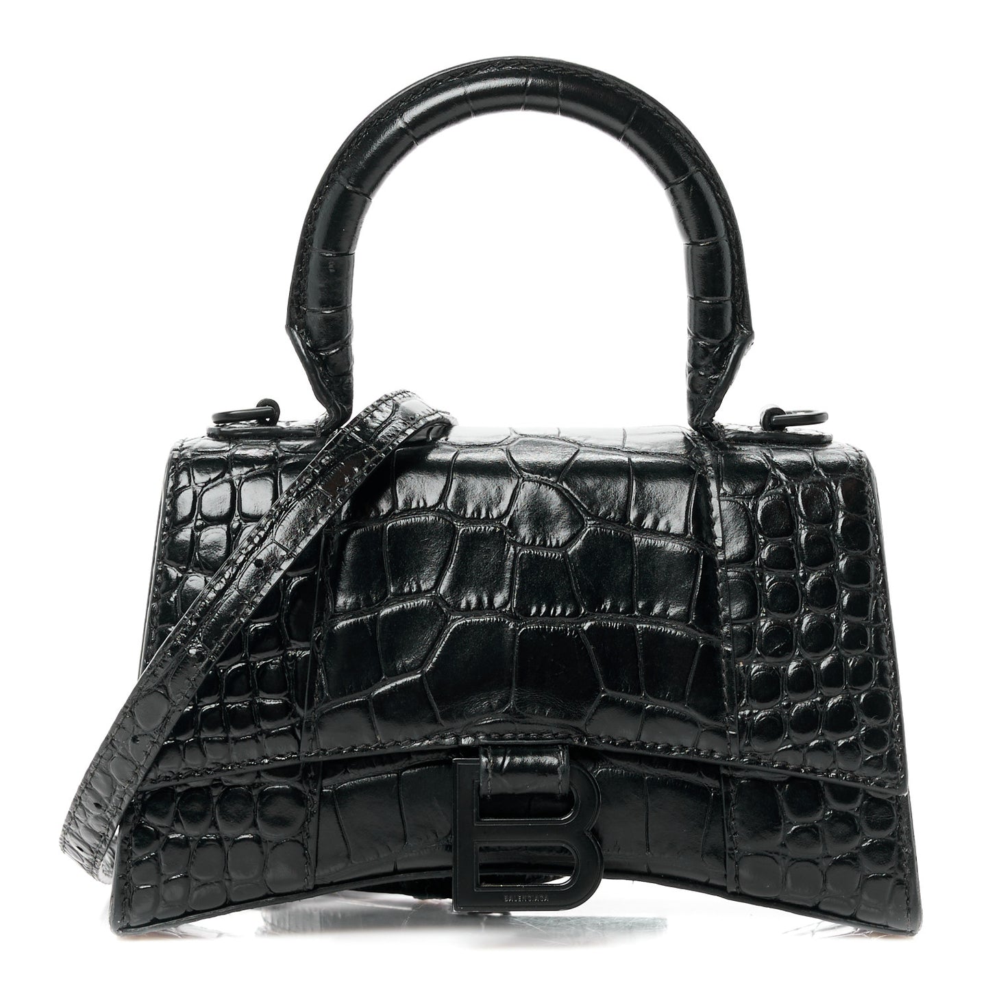 Shiny Calfskin Monochrome Crocodile Embossed Hourglass Top Handle Bag XS Black