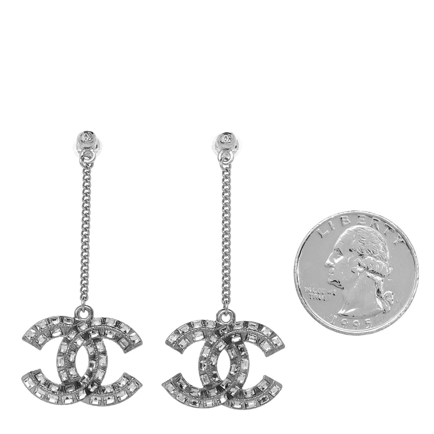 Chanel Baguette Crystal CC Drop Earrings Silver 2 of 3