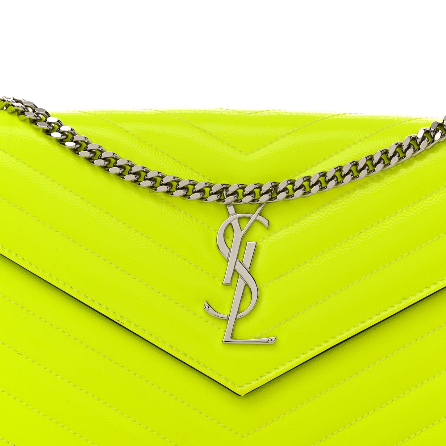Patent Grain De Poudre Matelasse Chevron Monogram Chain Wallet Neon Yellow
