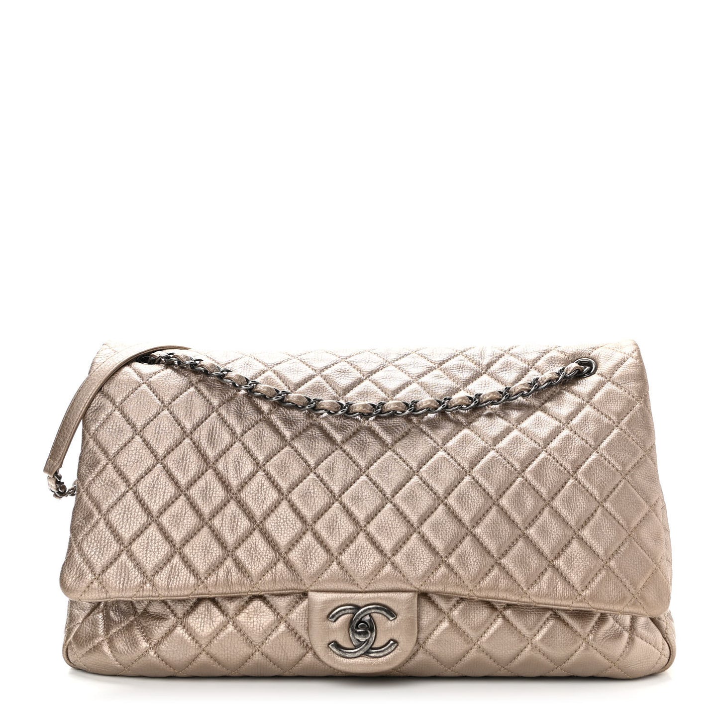 Metallic Calfskin Quilted XXL Travel Flap Bag Gold