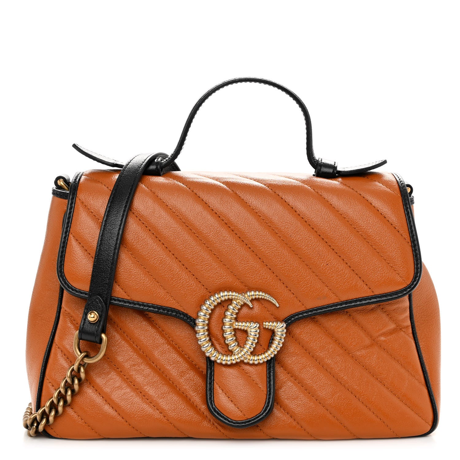 Gucci Azalea Calfskin Matelasse Diagonal Small Torchon GG Marmont Top Handle Shoulder Bag Cognac Black 1 of 10