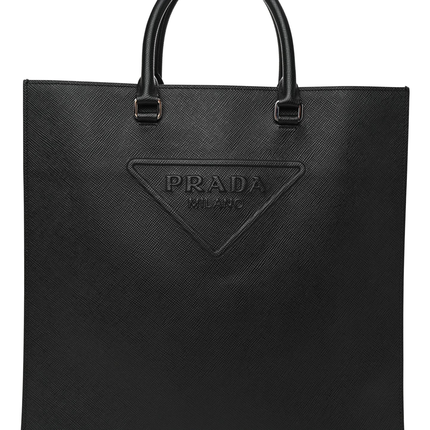 Saffiano Cuir Triangle Logo Embossed Vertical Tote Black