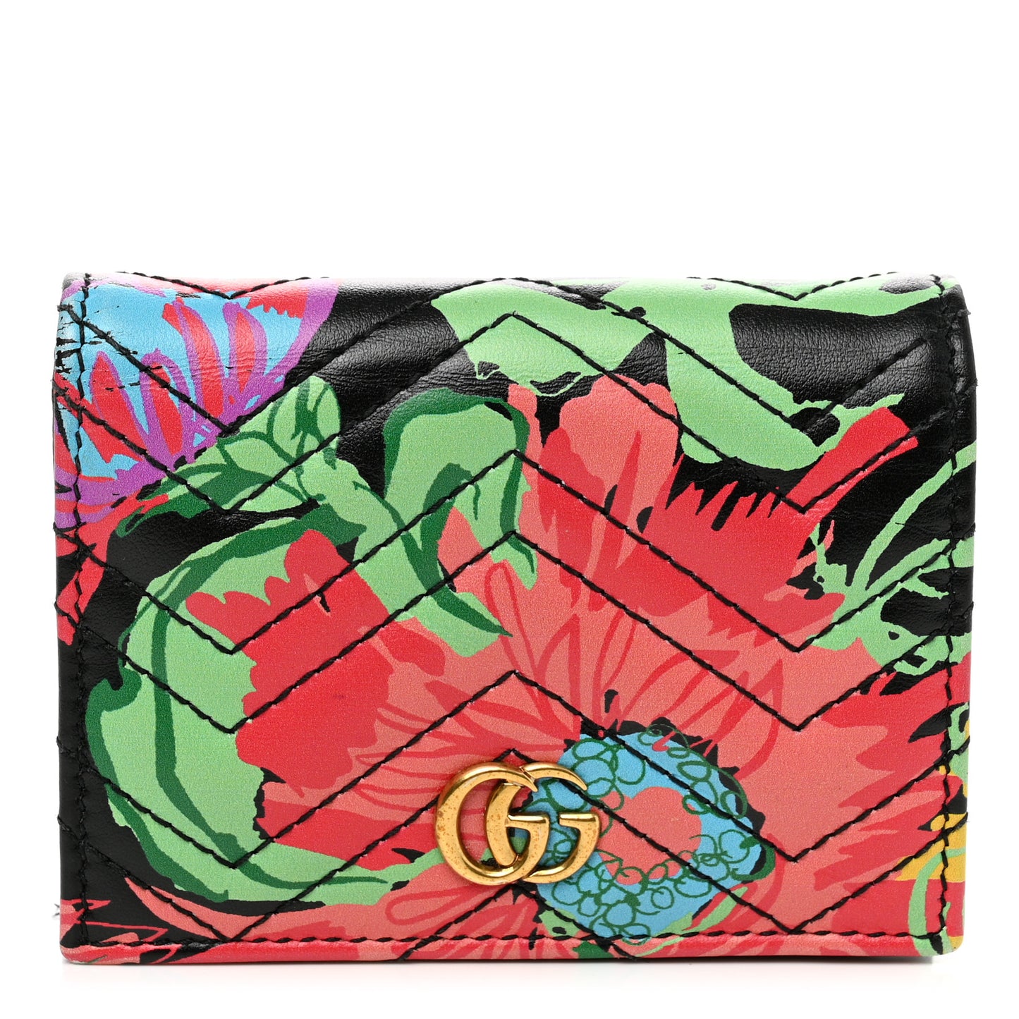 X KEN SCOTT Calfskin Matelasse Floral Print GG Marmont Card Case Wallet Black