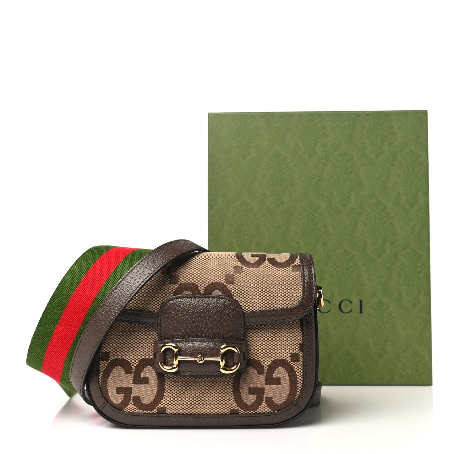 Monogram Jumbo GG Textured Dollar Calfskin Web Mini Horsebit 1955 Shoulder Bag Camel Ebony New Acero