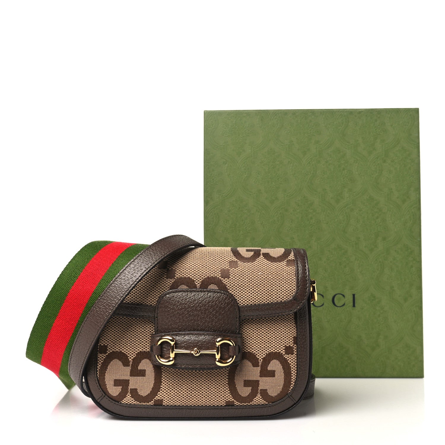 Gucci Monogram Jumbo GG Textured Dollar Calfskin Web Mini Horsebit 1955 Shoulder Bag Camel Ebony New Acero 11 of 11