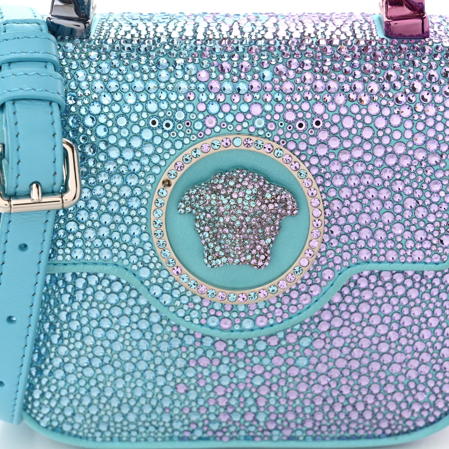 Satin Crystal Studded Mini La Medusa Bag Blue