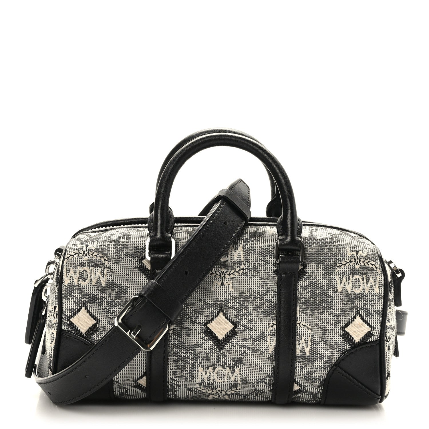MCM Vintage Jacquard Monogram Mini Boston Bag Black Grey 1412005