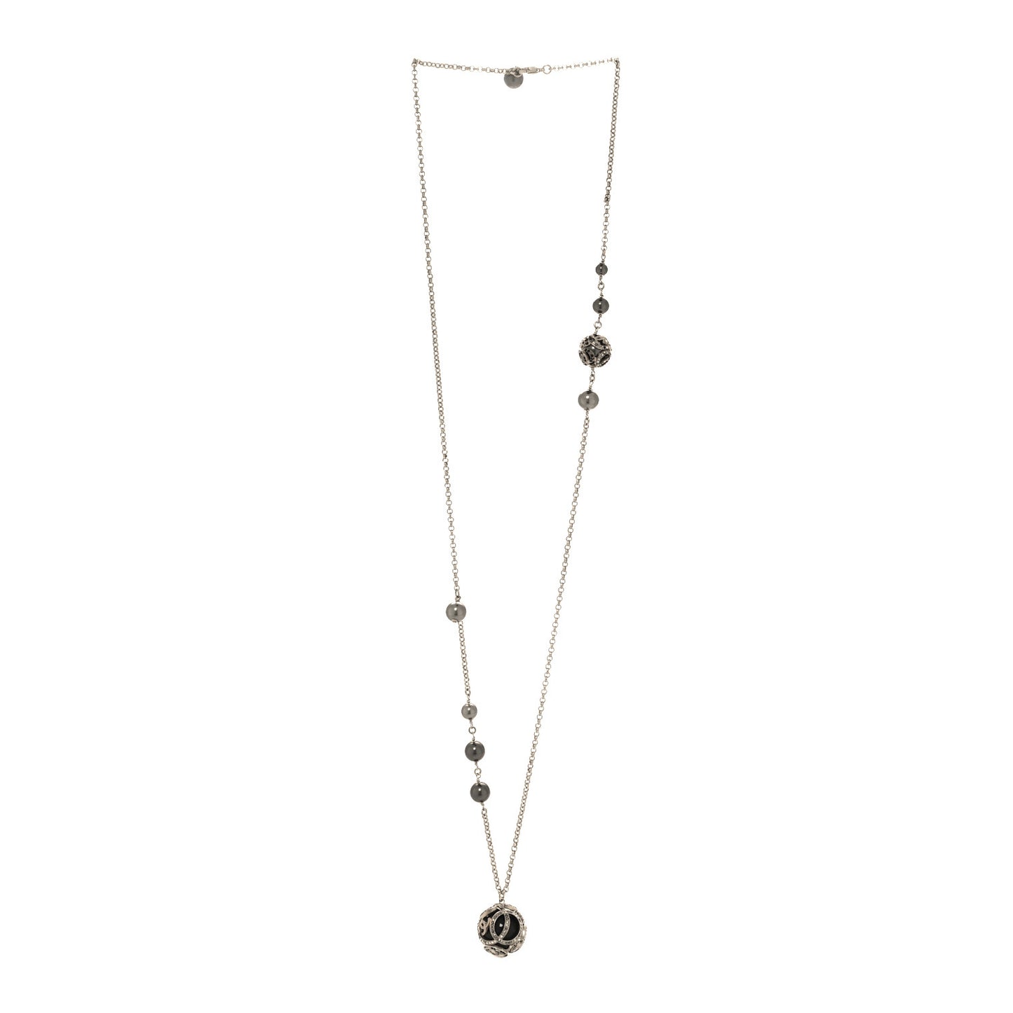 Pearl Crystal CC Long Necklace Silver Black