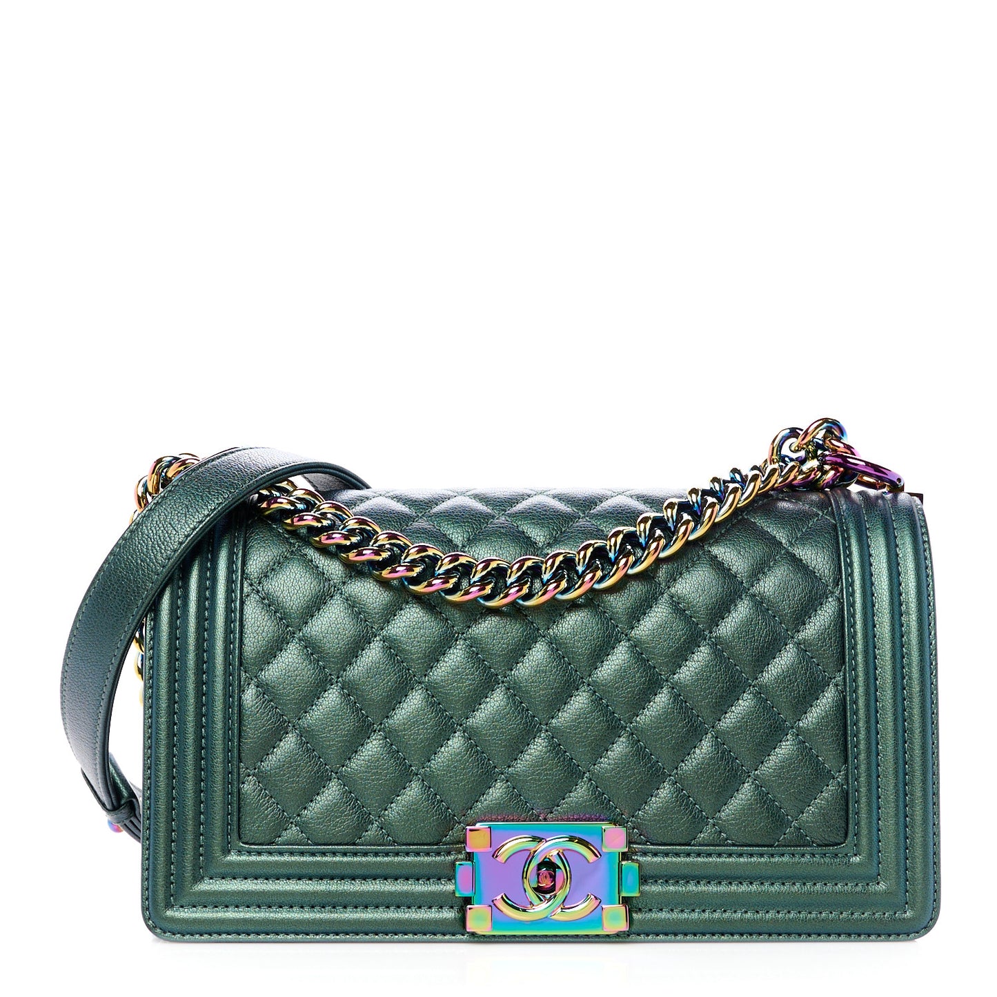 Iridescent Goatskin Quilted Medium Boy Flap Green