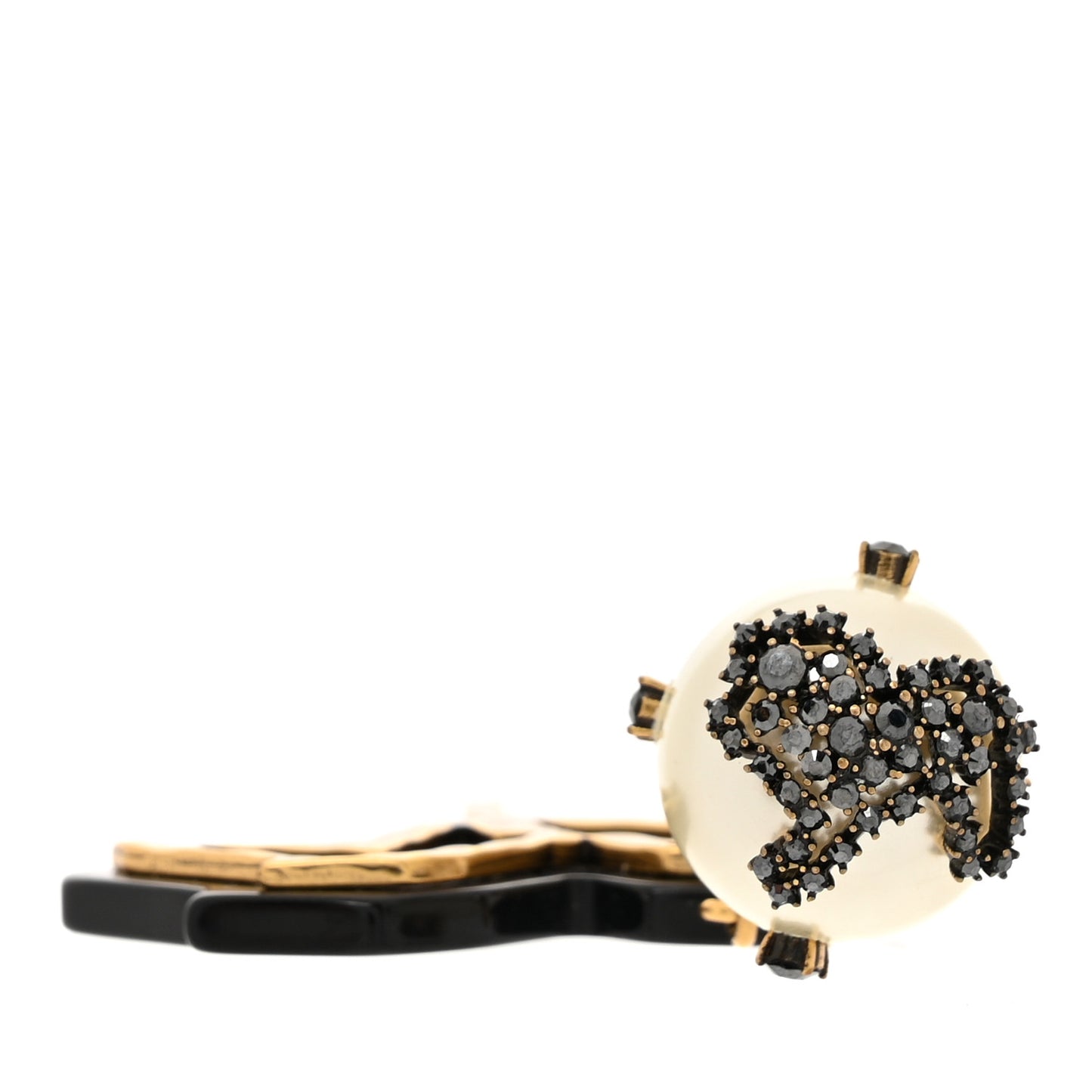 Crystal Pearl Tribales Lion Charm Earring Aged Gold Black