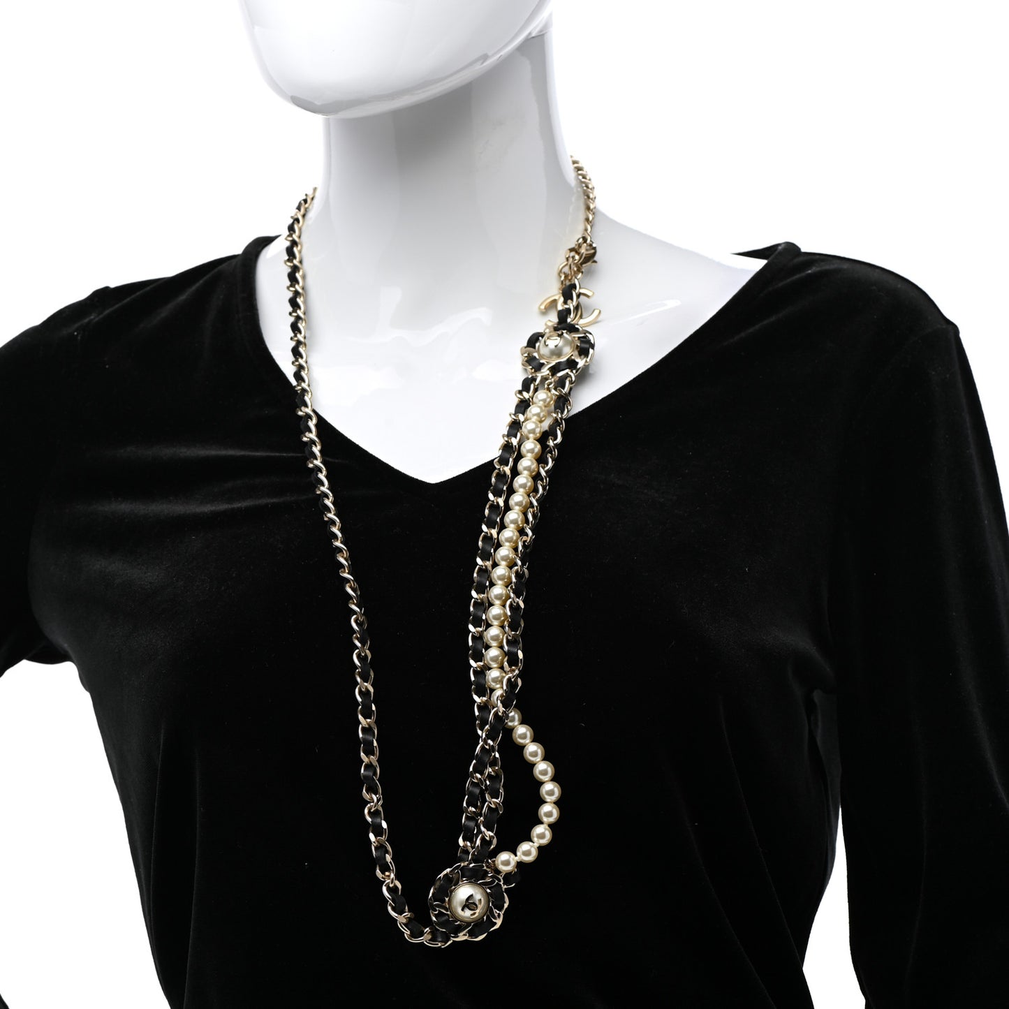Pearl Calfskin CC Chain Necklace Black Gold
