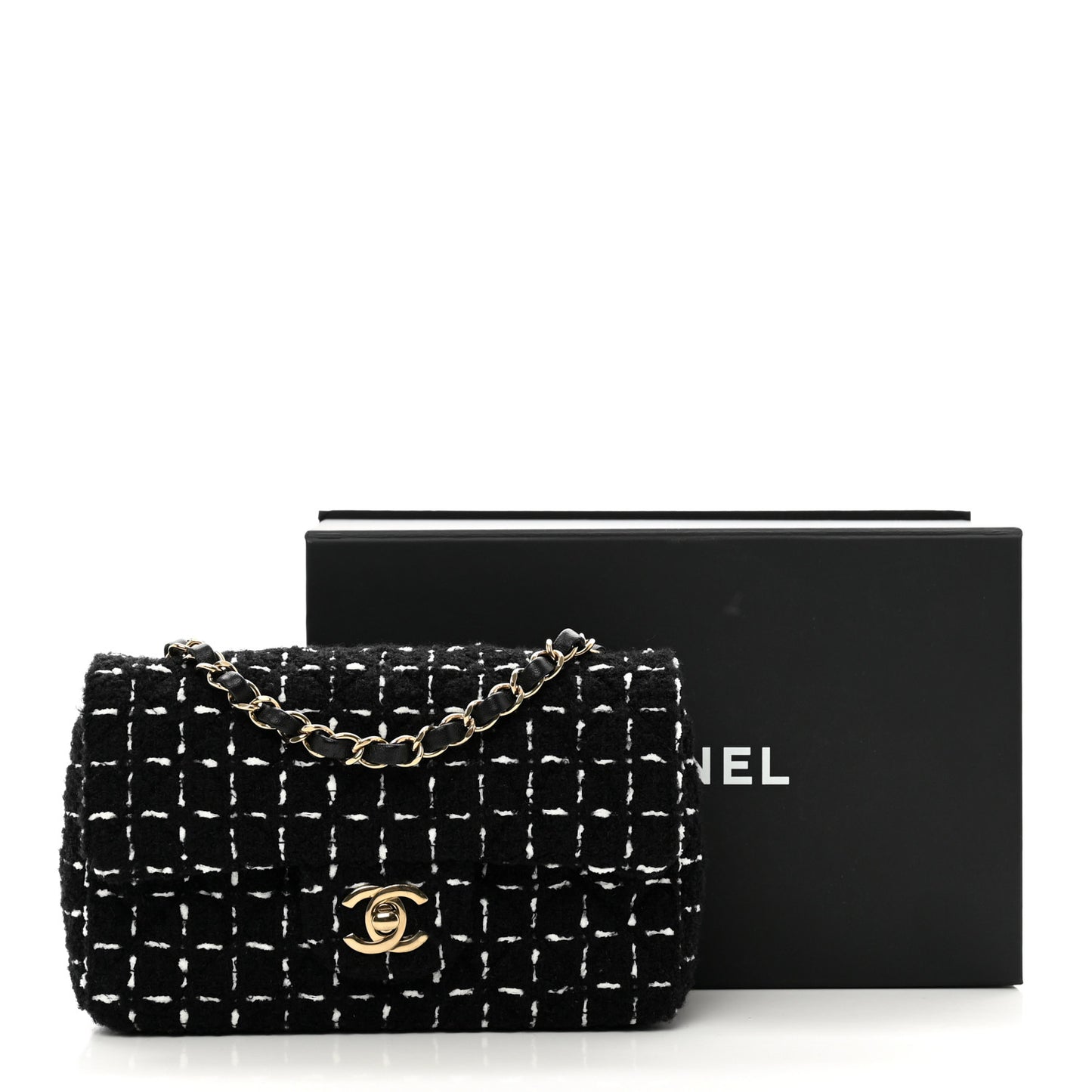 Wool Tweed Quilted Mini Rectangular Flap Black White