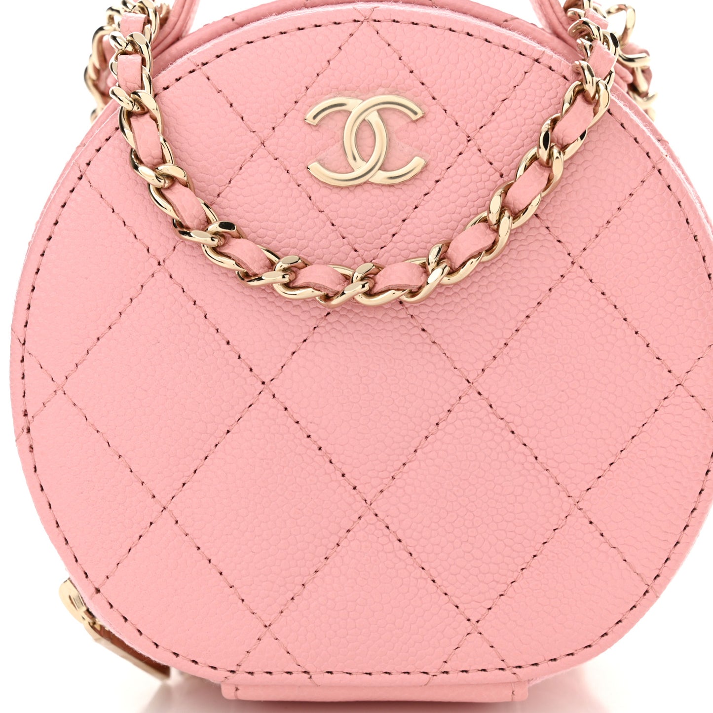 Caviar Quilted Round Handle With Care Vanity With Chain Pink