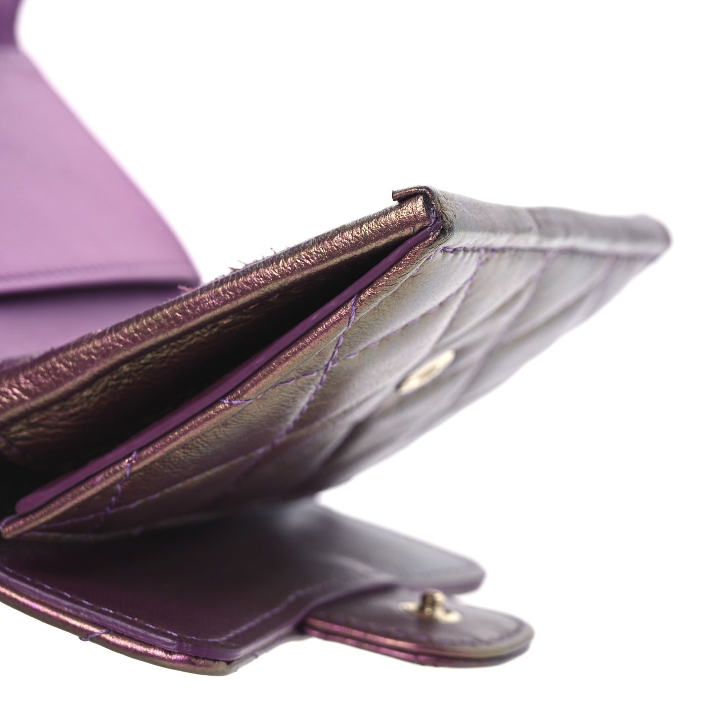 Iridescent Lambskin Quilted Double Flap Wallet Purple