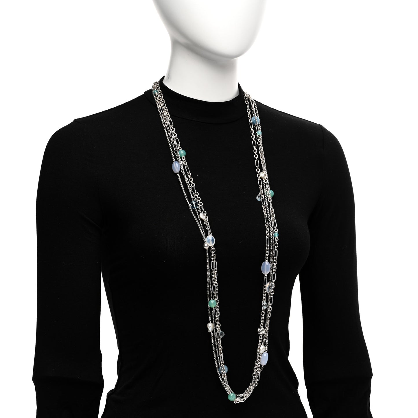 Sterling Silver Quartz Blue Topaz Freshwater Cultured Pearl Chalcedony Aquamarine Multi Strand Necklace