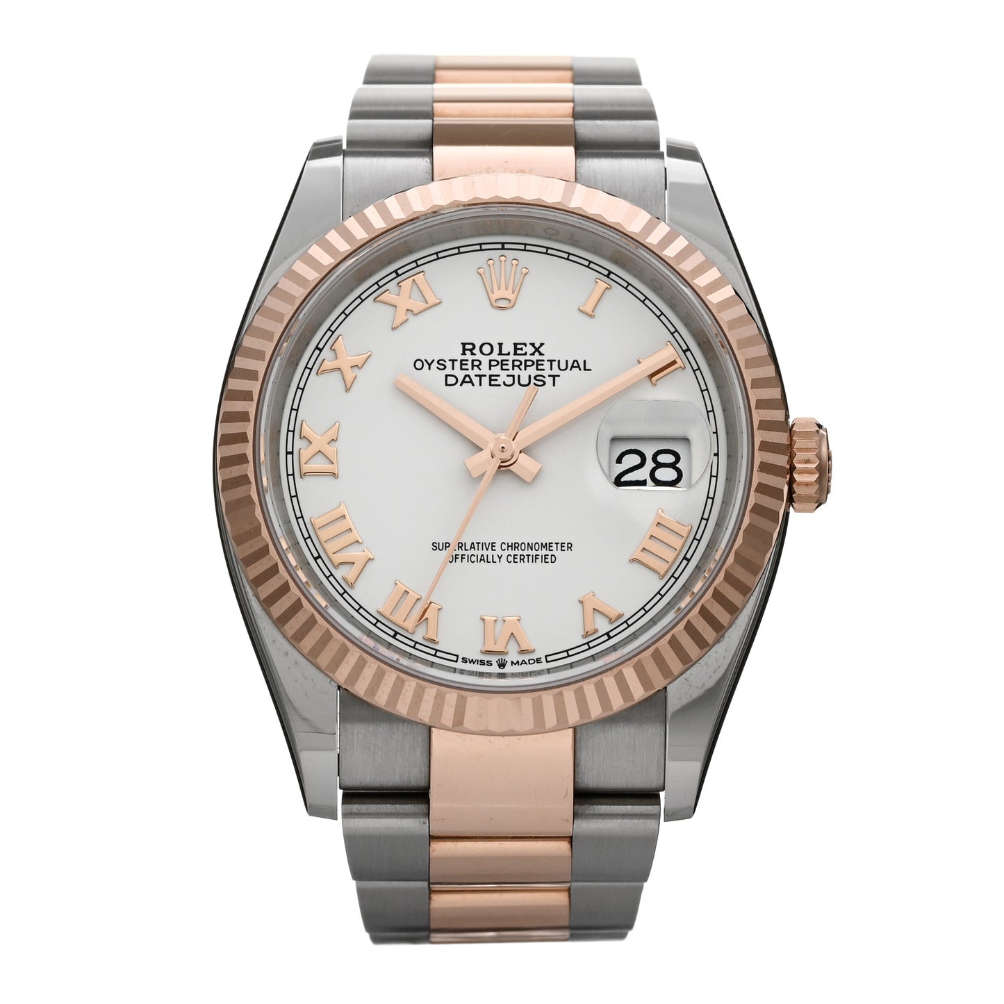 Stainless Steel 18K Everose Gold 36mm Oyster Perpetual Datejust Watch White Roman 126231