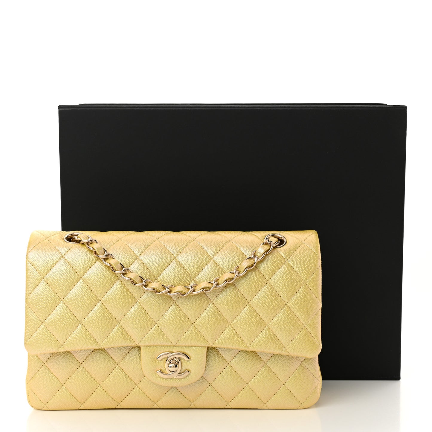 Iridescent Caviar Quilted Medium Double Flap Yellow