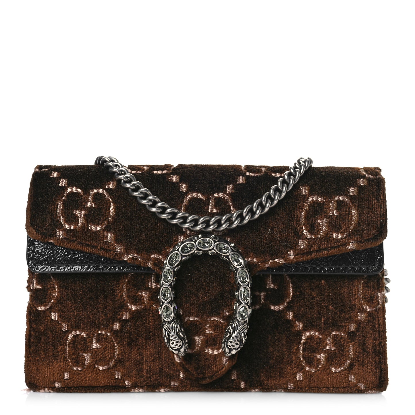 Velvet Skipper Crystal GG Monogram Super Mini Dionysus Shoulder Bag Brown Black Black Diamond
