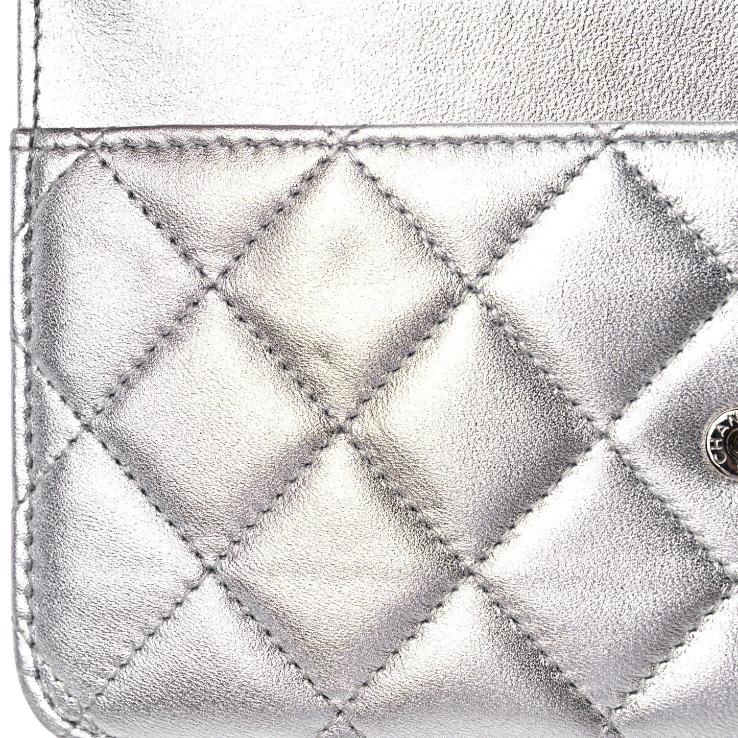 Metallic Lambskin Quilted Wallet On Chain WOC Silver