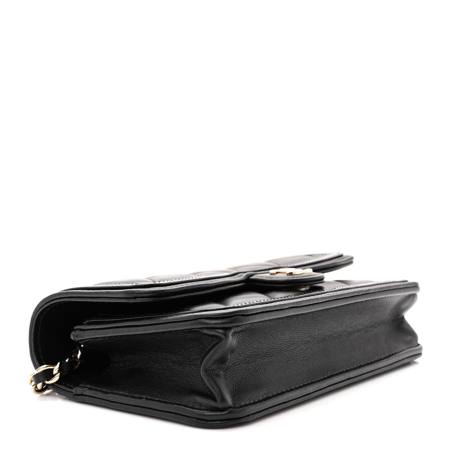 Lambskin Patent Calfskin Quilted Flap Phone Holder With Chain Black