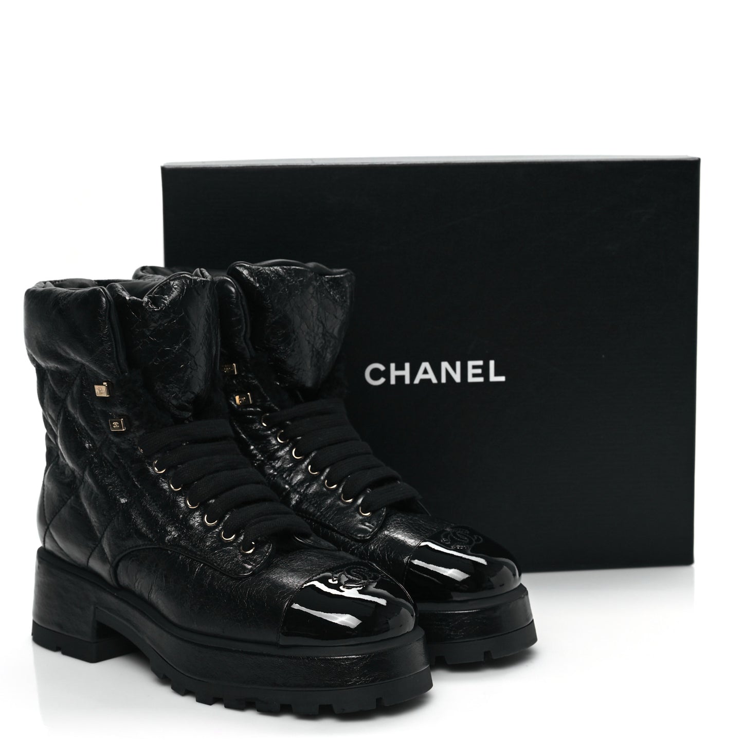 Crumpled Patent Lambskin Calfskin Quilted Lace Up Combat Boots 41.5 Black