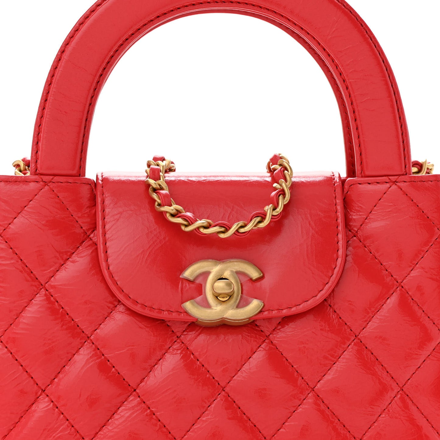 Shiny Aged Calfskin Quilted Nano Kelly Shopper Red