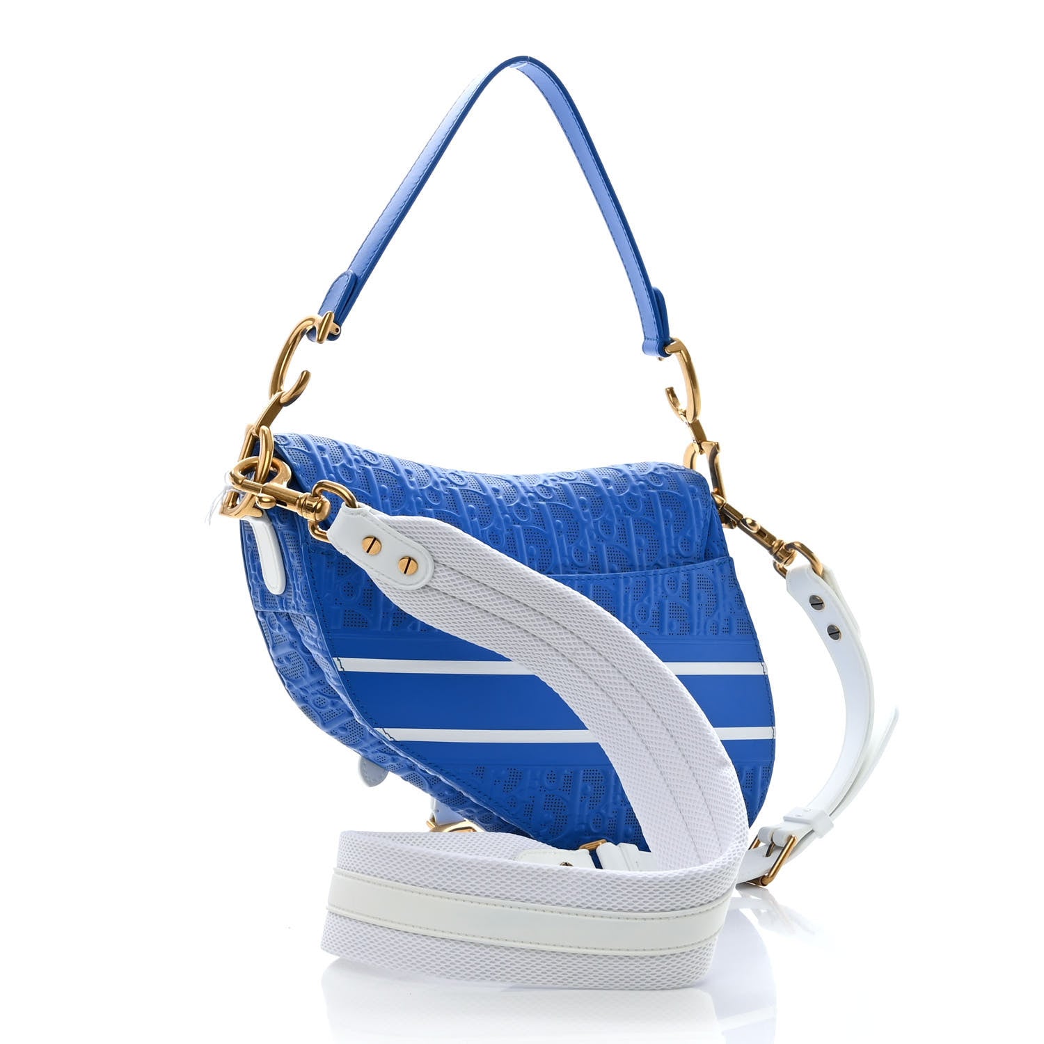 Christian Dior Perforated Calfskin Embossed Oblique Saddle Bag Blue White 3 of 11