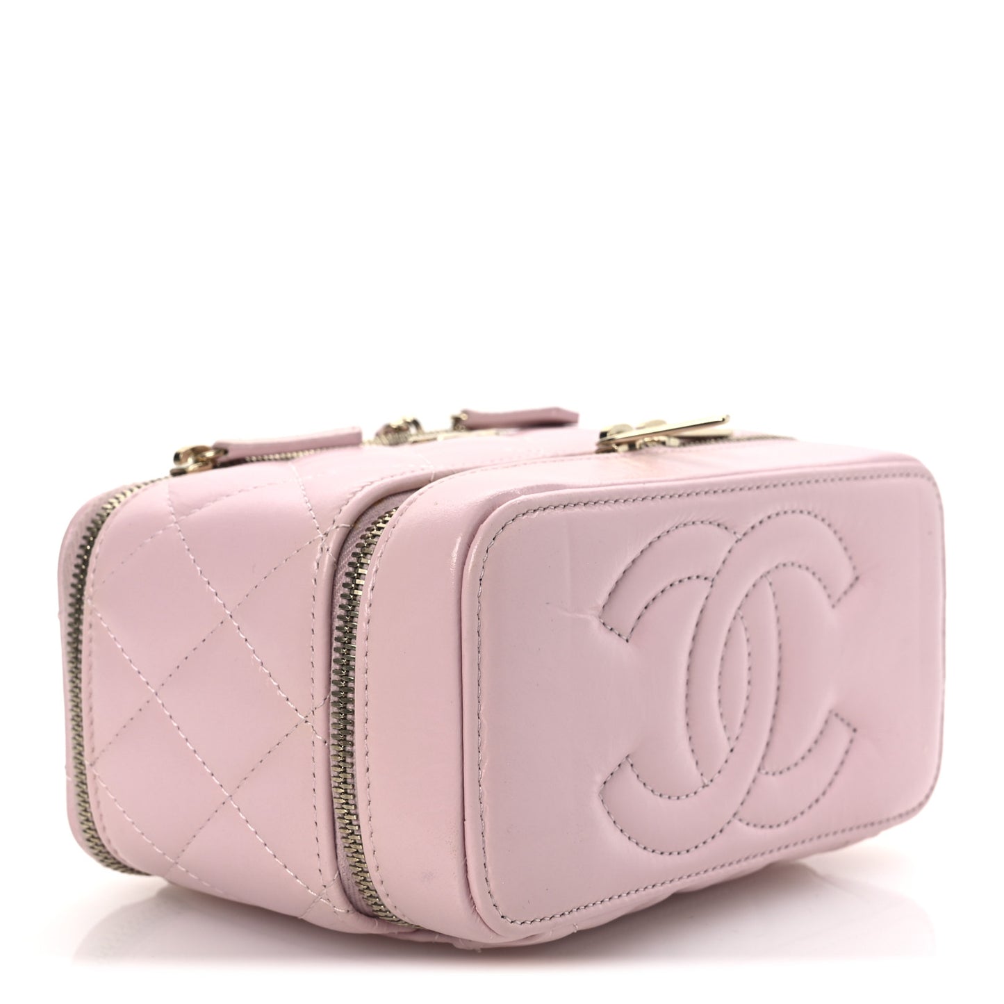 Shiny Lambskin Quilted Top Handle Vanity Case With Chain Pink