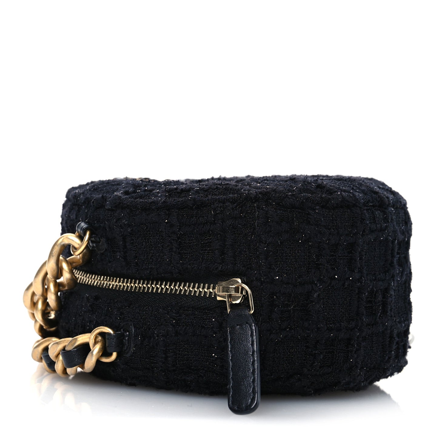 Tweed Quilted 19 Round Clutch With Chain Black