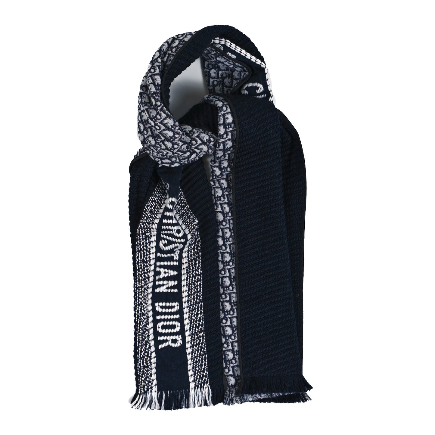 Wool Silk Oblique University Reversible Scarf Navy Blue