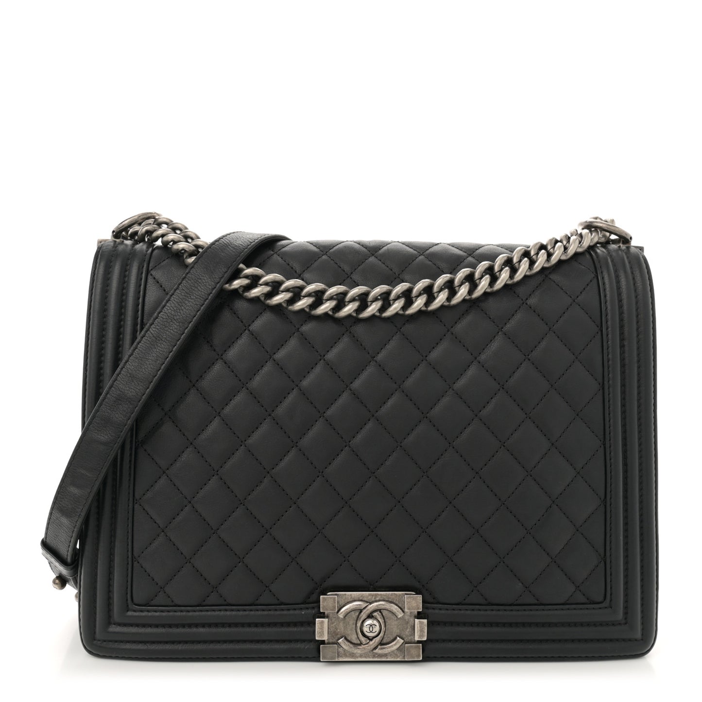 Calfskin Quilted Large Boy Flap Black