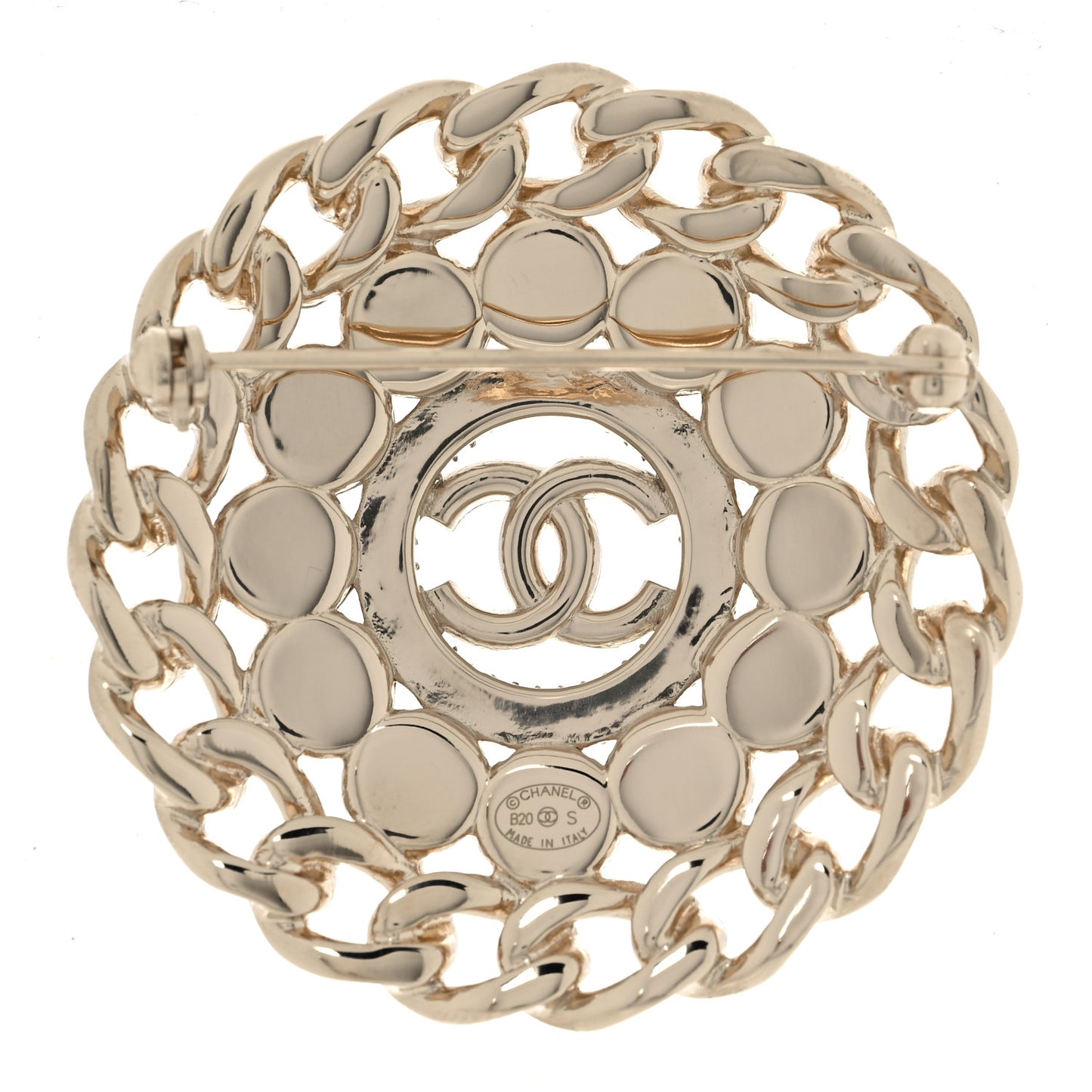 Crystal Chain Pearl Round CC Brooch Gold