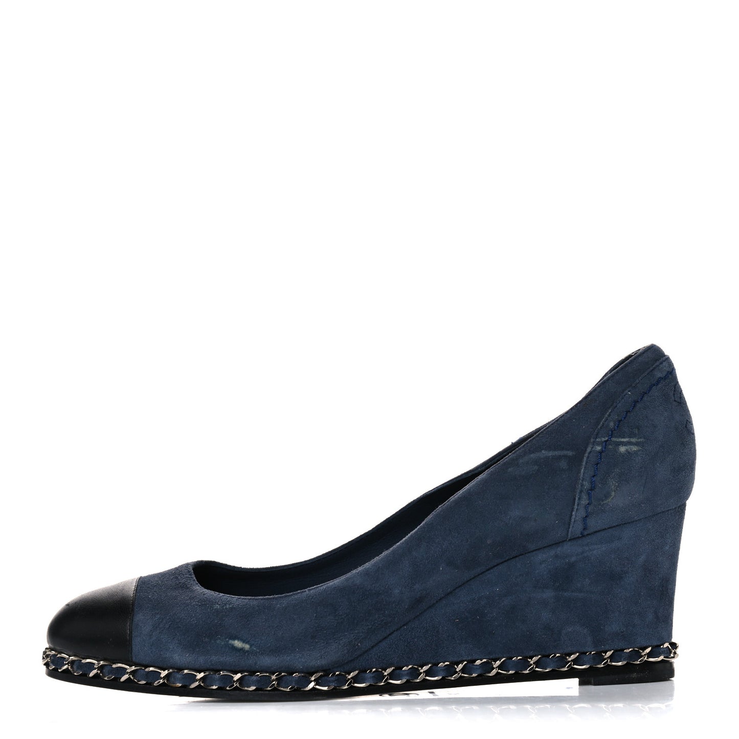 Suede Lambskin Cap Toe Chain Wedge Pumps 39 Blue