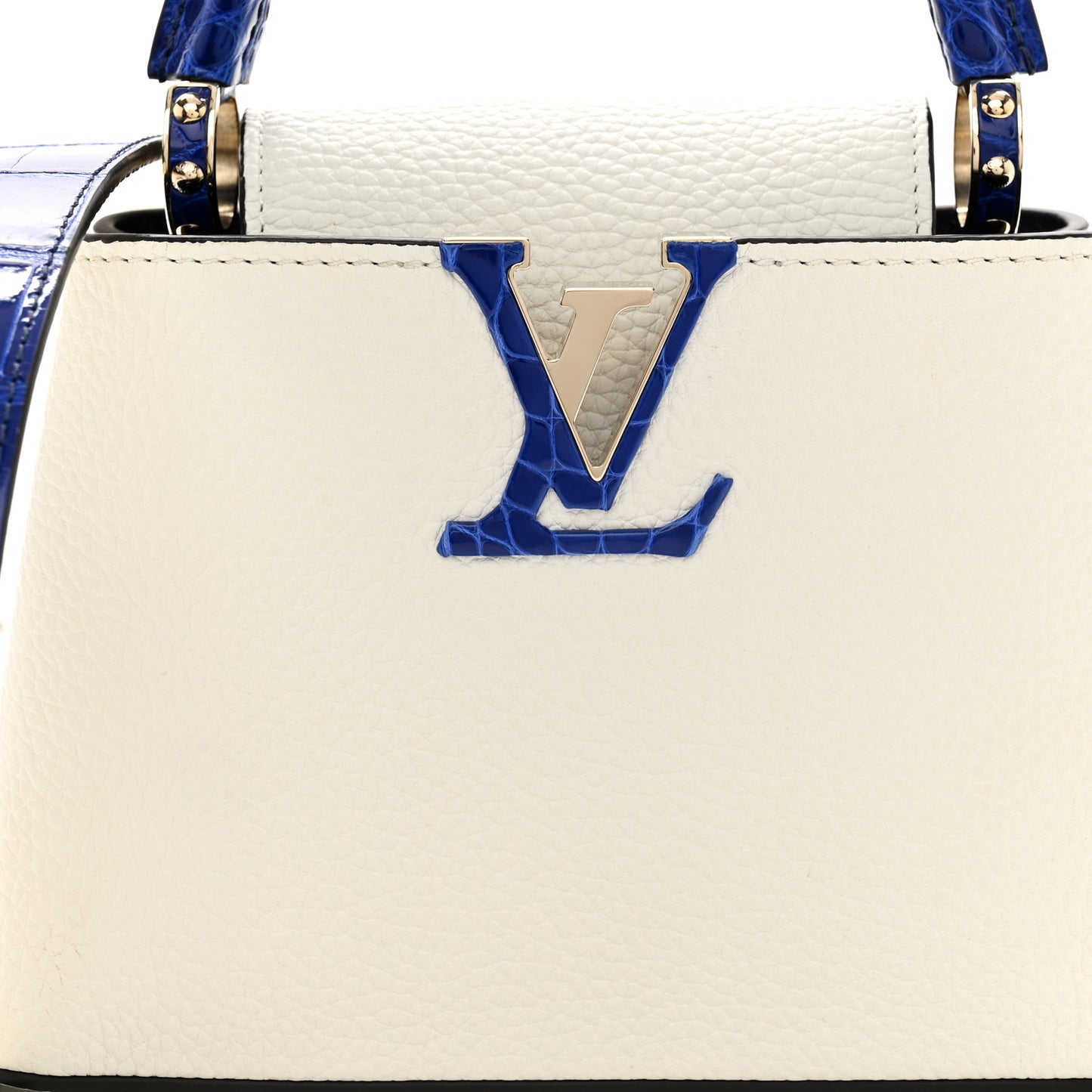 Taurillon Crocodile Capucines Mini White Bleu Santorin