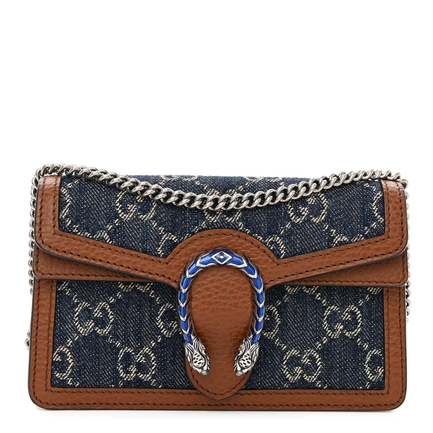 New Denim GG Monogram Dollar Calfskin Enamel Super Mini Dionysus Shoulder Bag Blue Tea Cuir Epilog Electric Blue