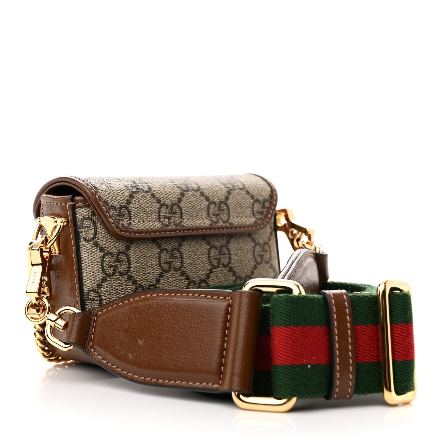 GG Supreme Monogram Azalea Calfskin Web Horsebit 1955 Wallet On Strap Beige Ebony Brown Sugar