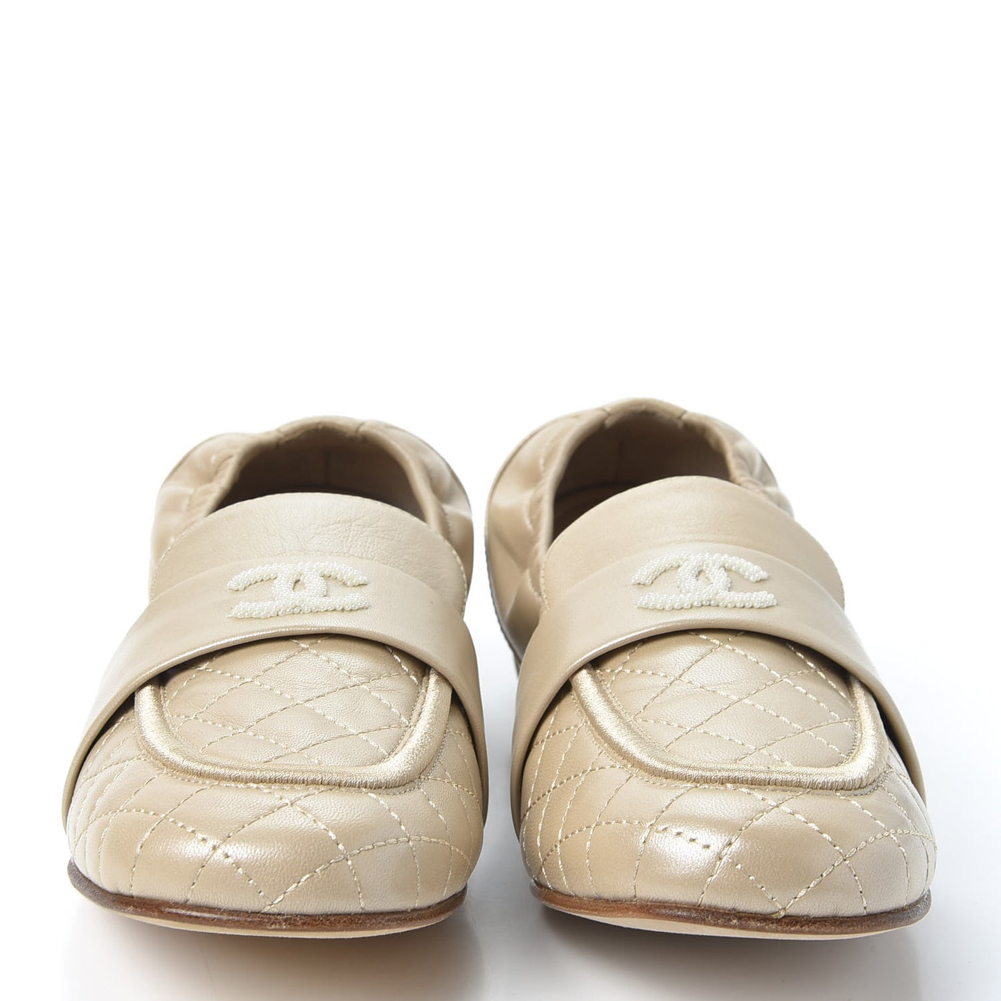 Laminated Lambskin Womens Quilted Elastic CC Moccasin Loafers 36.5 Beige
