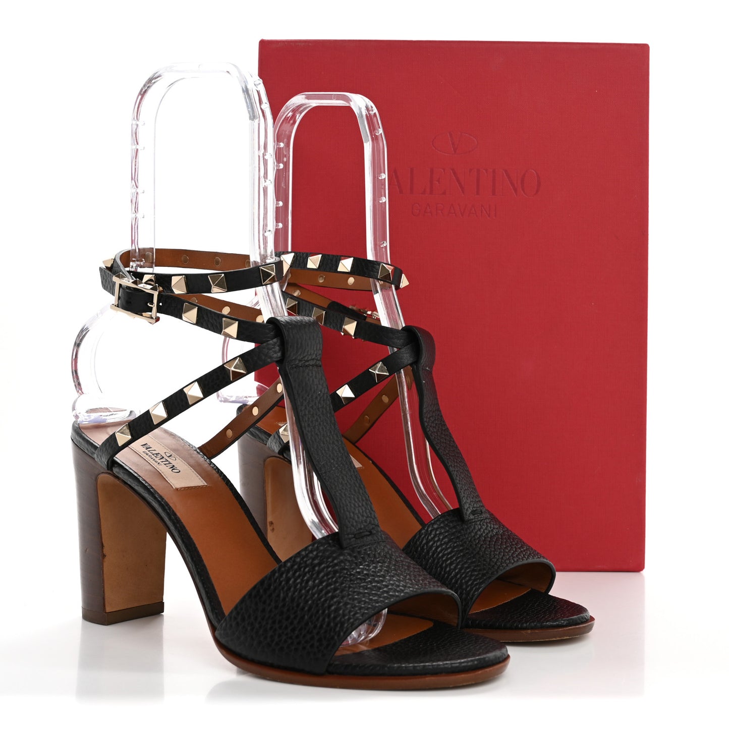 Grained Calfskin Rockstud Ankle Strap 5/105mm Sandals 39 Black