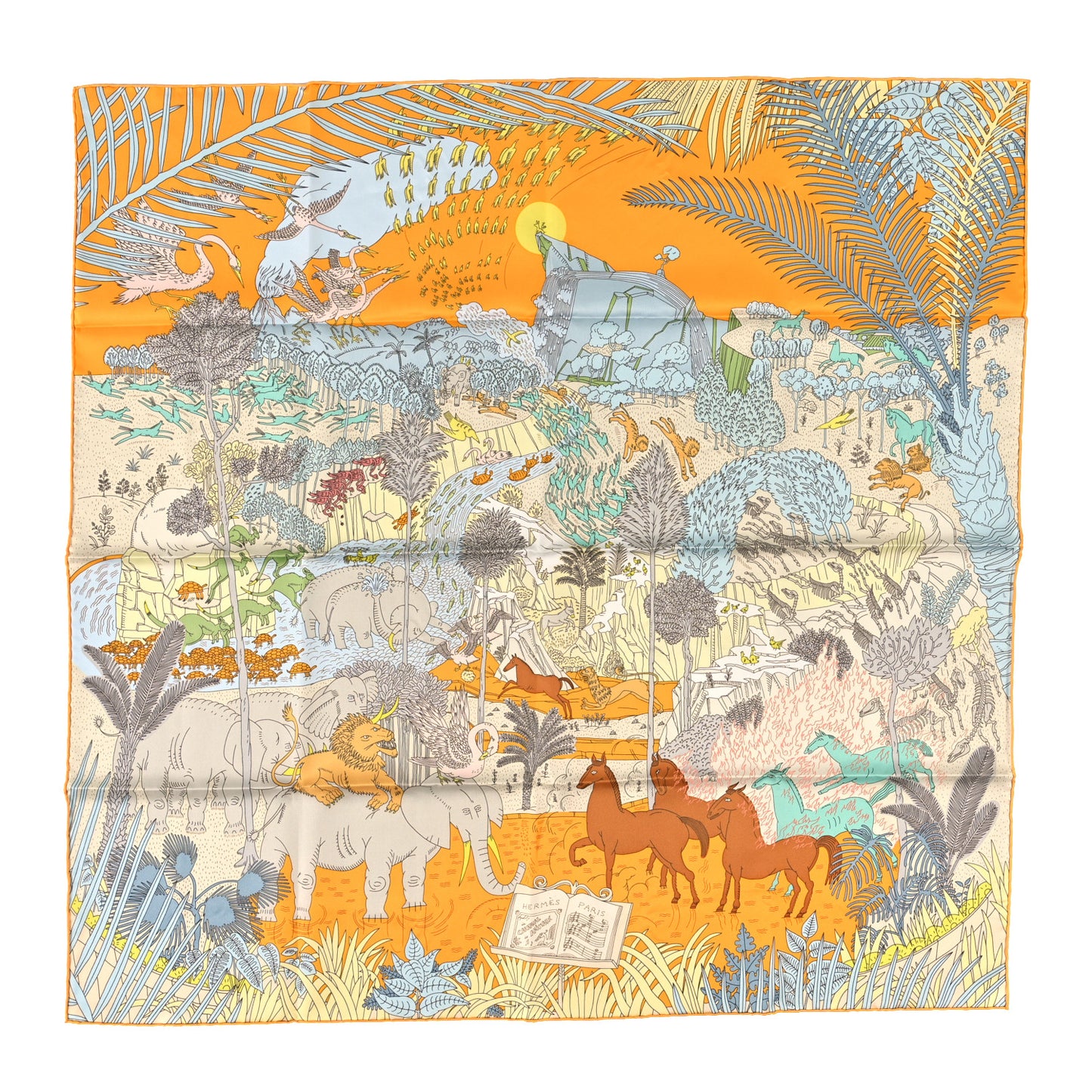 Silk Le Carnaval des Animaux Scarf 90 Bouton d'Or Aqua Vert De Gris