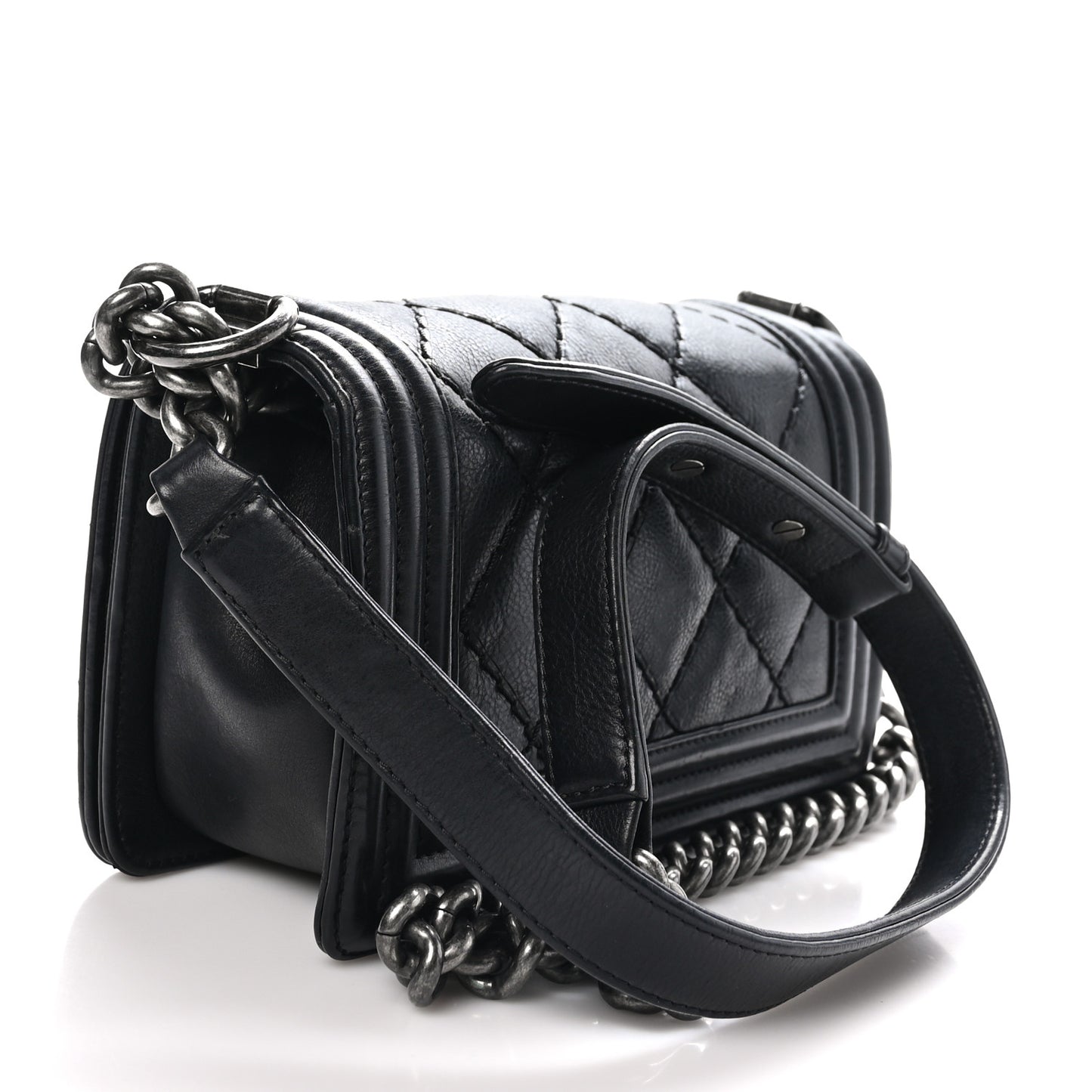 Calfskin Double Stitch Small Boy Flap Black