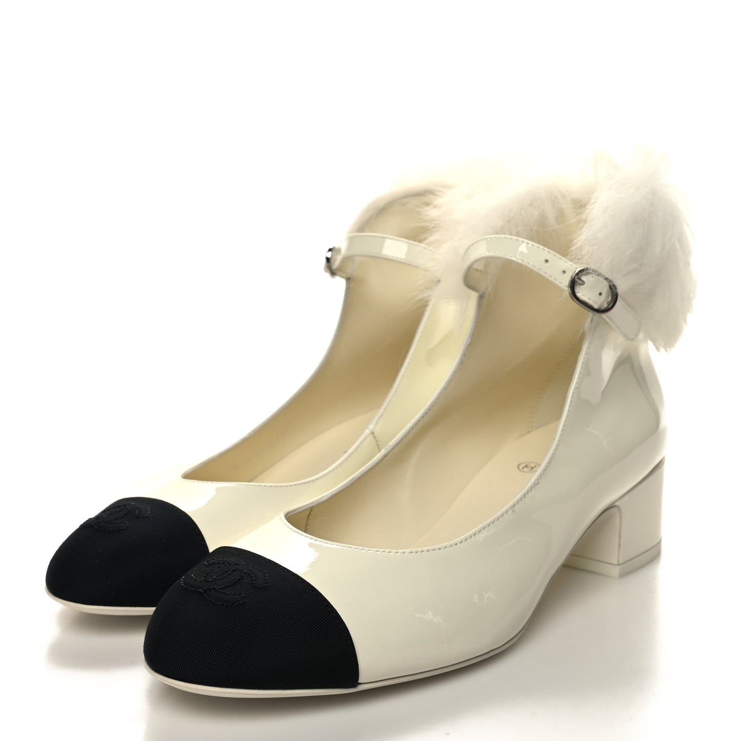 Patent Shearling Lambskin Grosgrain Cap Toe Mary Jane Low Heel Pumps 39 White Black