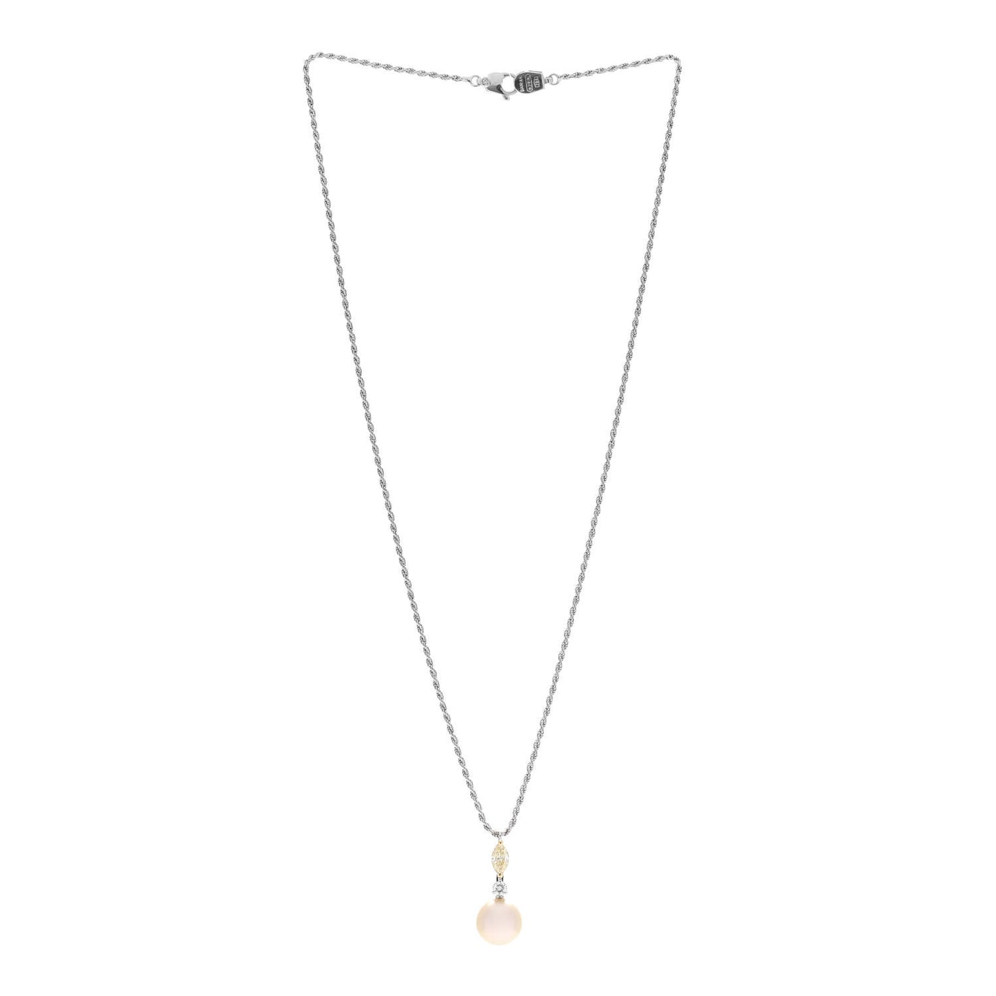 18K White Gold Yellow Diamond Freshwater Cultured Pearl Drop Cluster Pendant Necklace