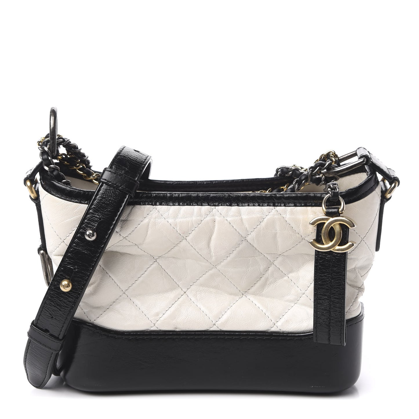 Aged Calfskin Quilted Small Gabrielle Hobo Black White