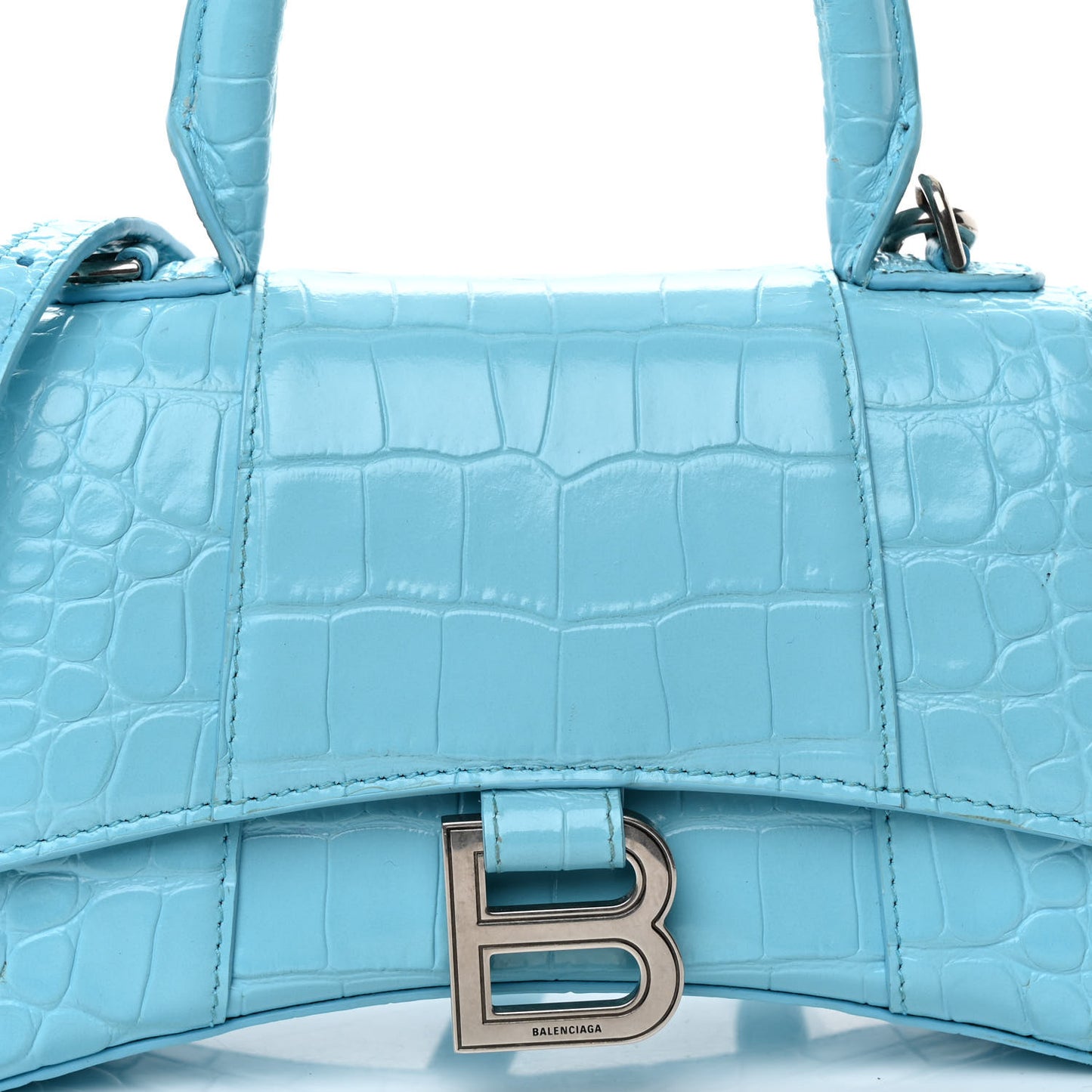 Shiny Calfskin Crocodile Embossed Hourglass Top Handle Bag XS Bright Bleu