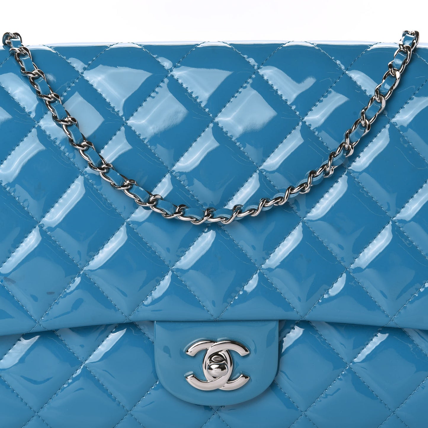 Patent Quilted Clutch with Chain Flap Blue